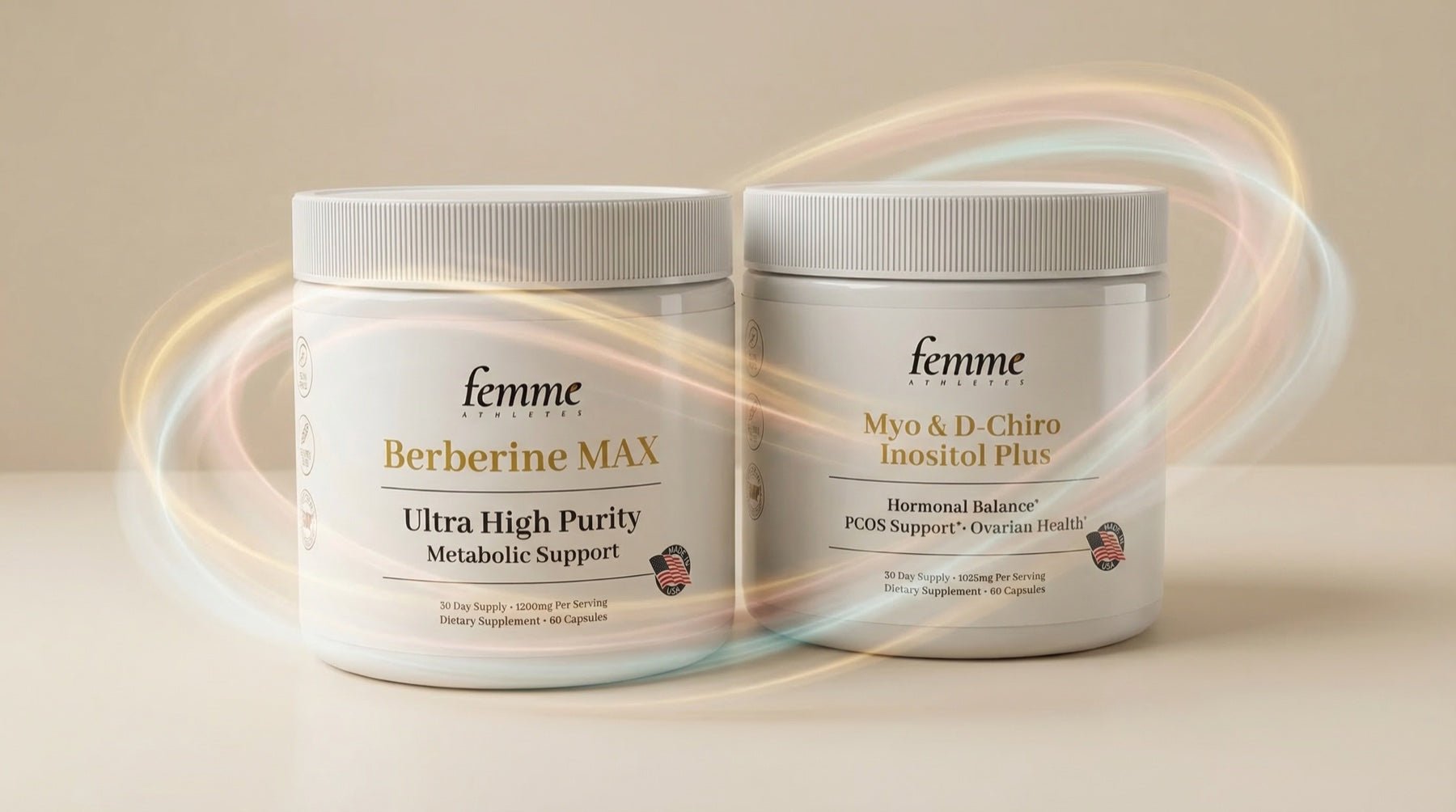 Berberine Max+ and Myo & D-Chiro Inositol Plus with luminous BalancePath light trails